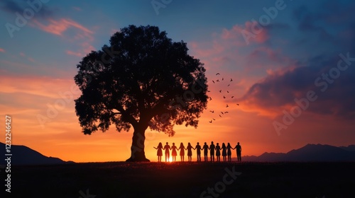 Sunset Silhouette of Unity: People Holding Hands Under a Majestic Tree