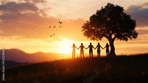 Silhouette of Friends Holding Hands at Sunset