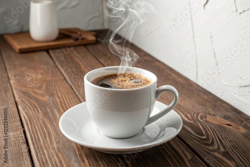 Aromatic Steam Rising from a Cup of Coffee on Rustic Wooden Table