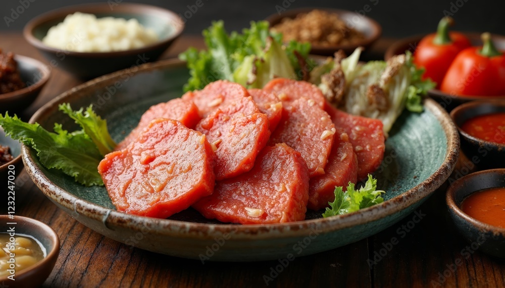 Delicious sliced beef tongue with lettuce on plate. Concept of healthy food. Delicious sliced beef tongue with lettuce on plate. Concept of healthy food.