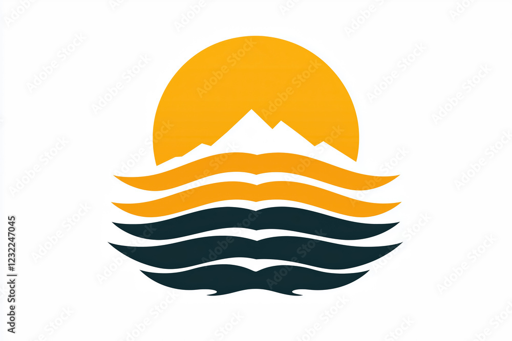 Fototapeta premium Sunset over mountain waves logo design with sunset and stylized waves