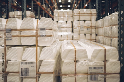 Stacks of Polystyrene Foam in Industrial Warehouse. Neatly arranged stacks of polystyrene foam blocks, wrapped and ready for shipment. 