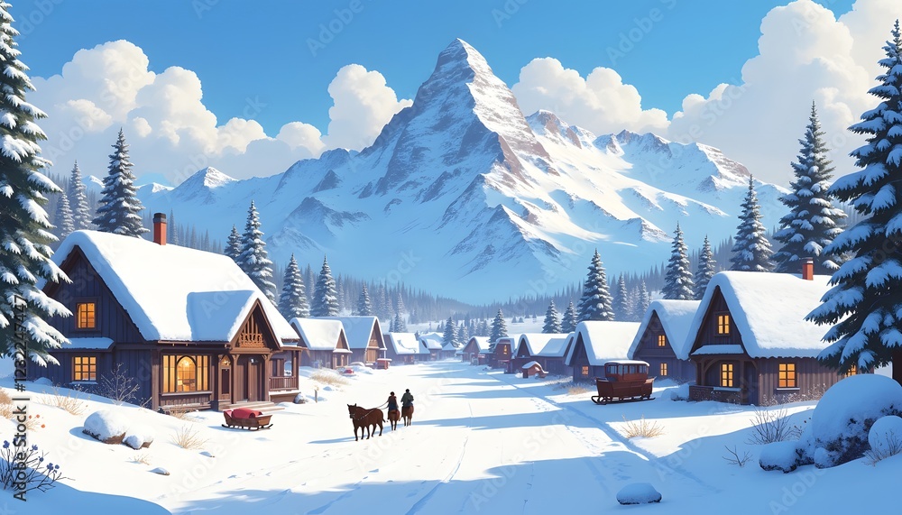 Winter Village Nestled Beneath Majestic Snow Capped Mountains Winter Village Nestled Beneath Majestic Snow Capped Mountains