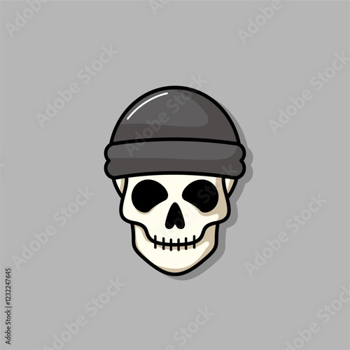Cartoon skull character in snapback hat. Cool skull with expression angry. Sticker collection can be use as logo, symbol, icon.