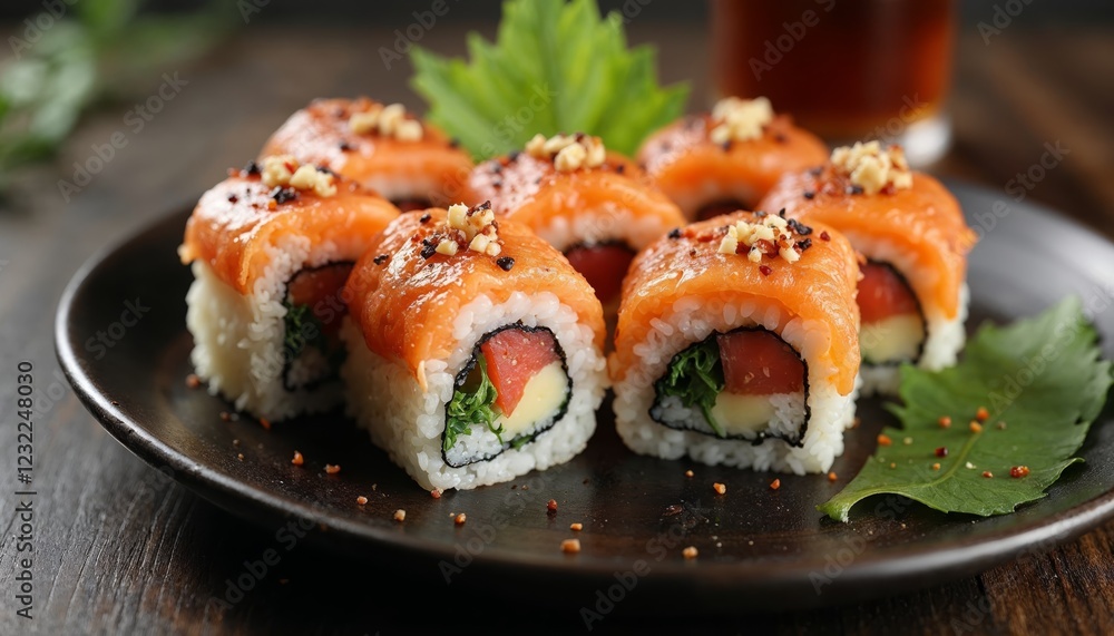 Fresh salmon sushi rolls on a plate. Concept of Japanese cuisine and healthy eating. Fresh salmon sushi rolls on a plate. Concept of Japanese cuisine and healthy eating.