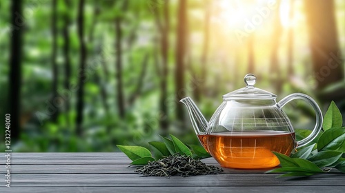 A clear glass teapot is filled with steaming tea, resting on a wooden surface, surrounded by fresh green leaves in a tranquil garden on a sunny day