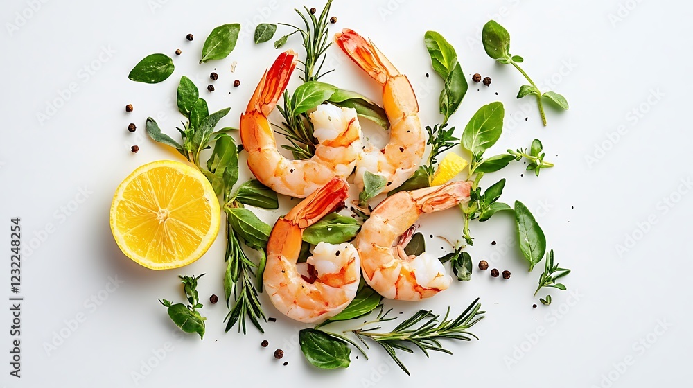 Three shrimps with herbs and lemon on a white surface Three shrimps with herbs and lemon on a white surface