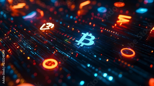 Illustration of a glowing digital network with floating cryptocurrency symbols, featuring a bright Bitcoin icon among neon data streams in a futuristic tech environment.