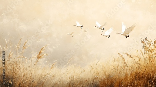 Flock of Cranes Over Golden Wheat Fields