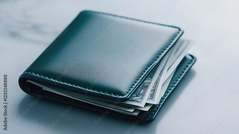 A teal wallet is open to reveal cash tucked inside, showcasing a sleek design ideal for everyday use. The neutral background highlights the wallet's texture and color A teal wallet is open to reveal cash tucked inside, showcasing a sleek design ideal for everyday use. The neutral background highlights the wallet's texture and color