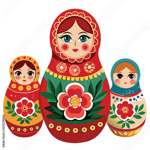 A photorealistic rendering of a traditional Russian Matryoshka doll set, meticulously detailed, with a hand gently holding the largest doll.