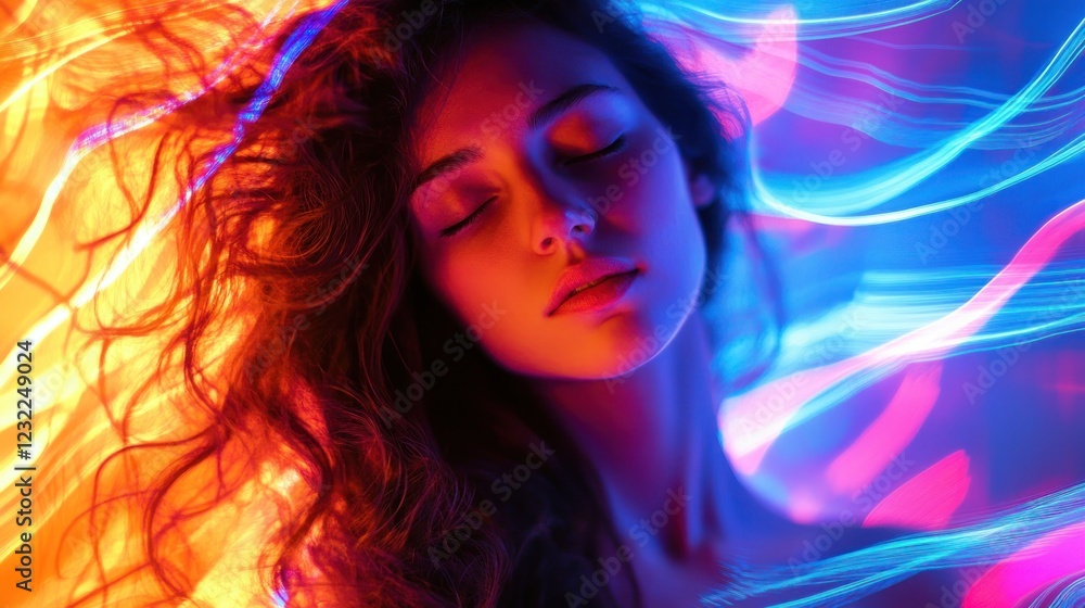 Neon Dreams: A Serene Portrait of a Woman Bathed in Vibrant Light Neon Dreams: A Serene Portrait of a Woman Bathed in Vibrant Light