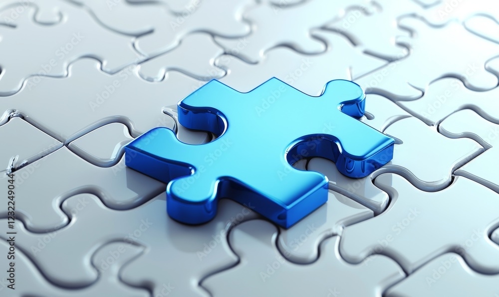 3D Blue Puzzle Piece Fitting into White Jigsaw with Digital Background
