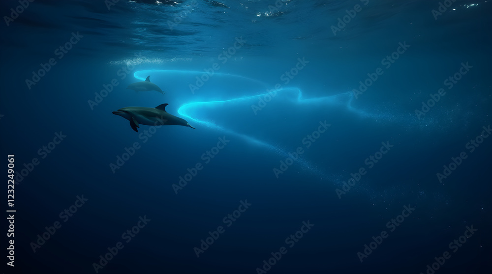 Obraz premium Two dolphins glide gracefully through the deep blue ocean, leaving glowing bioluminescent trails behind them. The magical underwater scene captures the beauty and mystery of marine life.
