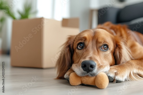 An adorable golden retriever enjoys a moment of relaxation beside multiple soft toys, reflecting comfort and joy in a contemporary home setting. photo