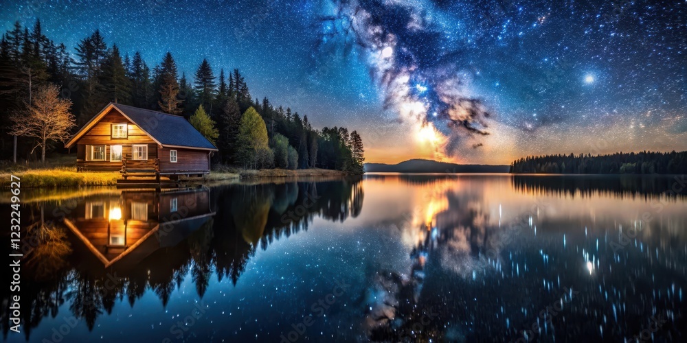 Cabin on the shore of a calm lake with starry night sky reflected on the water, landscape photography, reflected light Cabin on the shore of a calm lake with starry night sky reflected on the water, landscape photography, reflected light