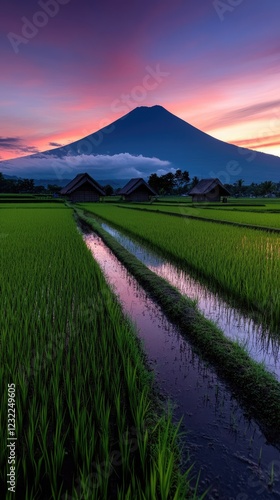 Serene Sunset Over Rice Paddies and Majestic Volcano
