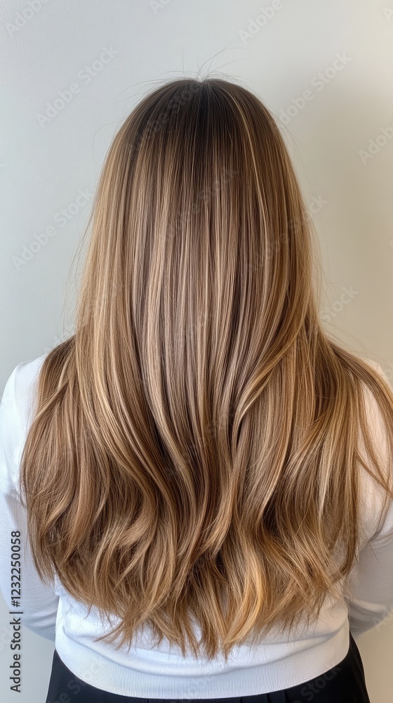 Naklejka premium A person with long, shiny hair is facing away, showcasing natural waves and layers. The smooth texture shines under soft indoor lighting against a plain wall