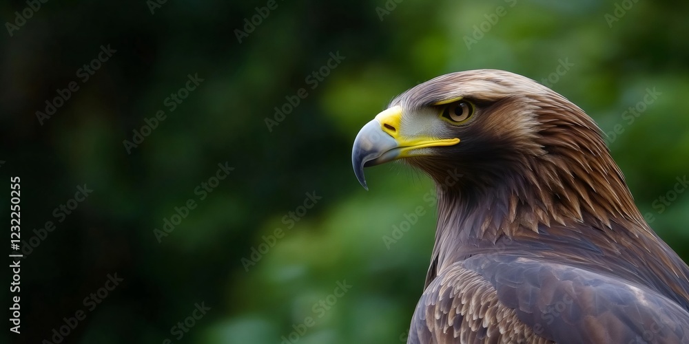 Obraz premium Close up of a golden eagle staring with a blurred green background, capturing the intensity and beauty of this majestic raptor