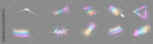 Crystal rays of light, prism refraction, lens flare, crystal glass reflection effect. Prism vector, realistic light leak effect with spectral flare. Bright light banner, poster, template.