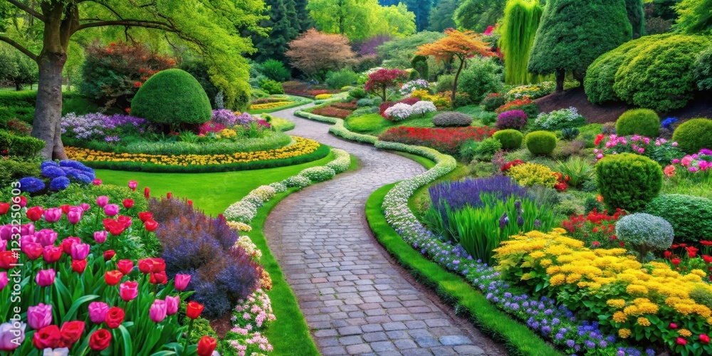 Obraz premium Garden with vibrant flowers and winding green pathways, flowers, pathway, flowers, pathway, scenic, colorful