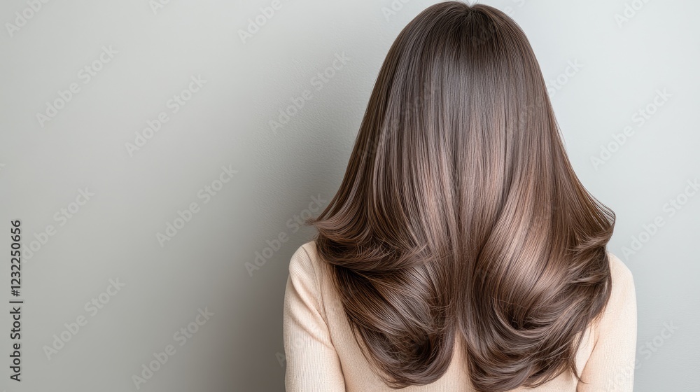A person with long, shiny hair is facing away, showcasing natural waves and layers. The smooth texture shines under soft indoor lighting against a plain wall A person with long, shiny hair is facing away, showcasing natural waves and layers. The smooth texture shines under soft indoor lighting against a plain wall