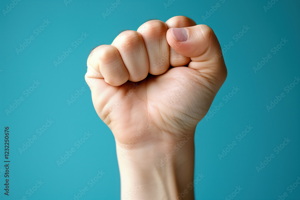 Close-up of a clenched fist against a turquoise background Close-up of a clenched fist against a turquoise background