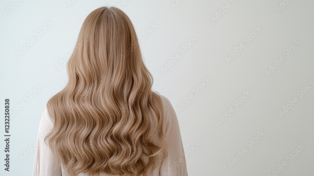 Fototapeta premium A person with long, shiny hair is facing away, showcasing natural waves and layers. The smooth texture shines under soft indoor lighting against a plain wall