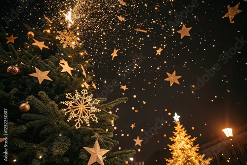 Confetti stars and glittering snowflakes fill the sky with a warm golden light on a dark Christmas background, magical, christmas, snowflakes, frosty, glowy