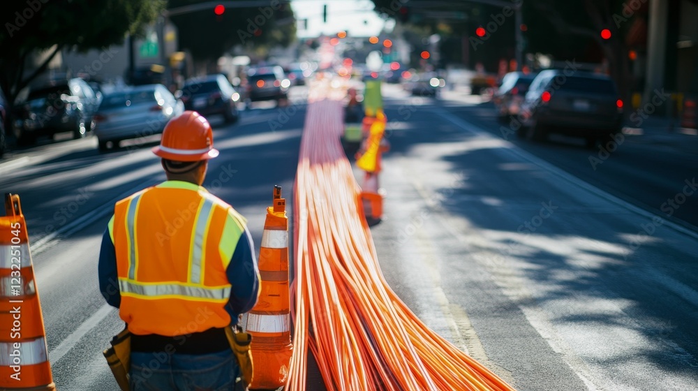Obraz premium Construction worker laying orange cables on city street.