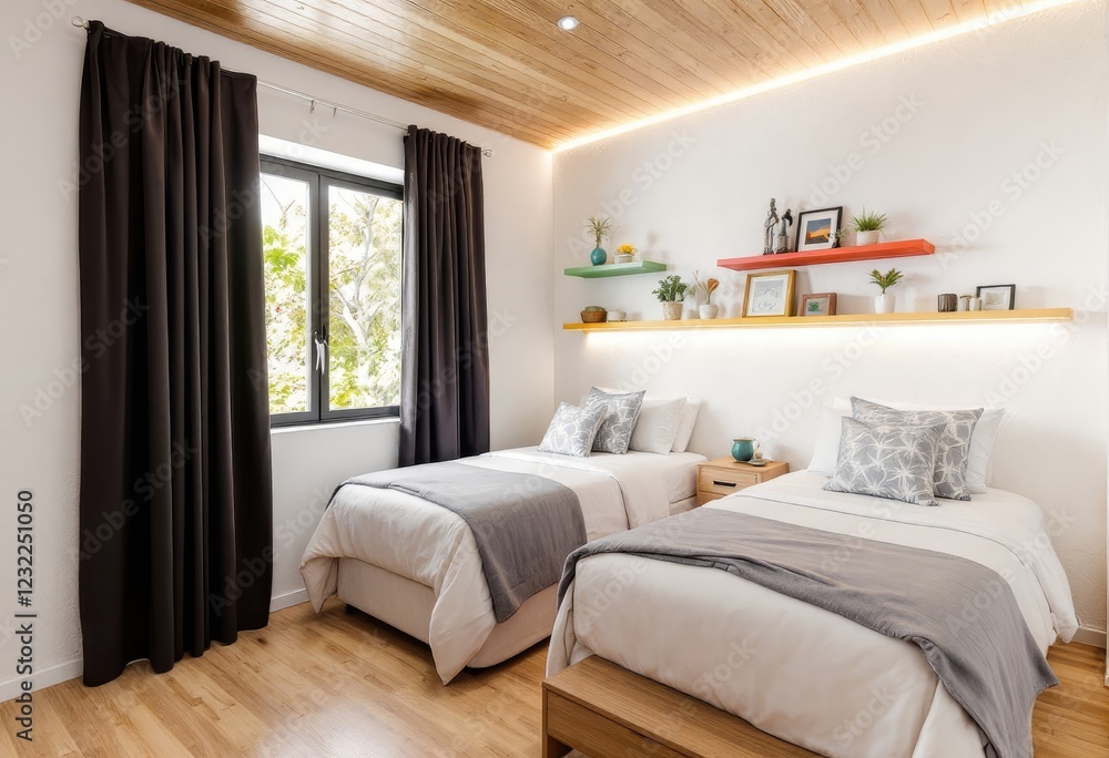 Fototapeta premium Charming twin beds room with vibrant shelves illuminated by led lighting strips