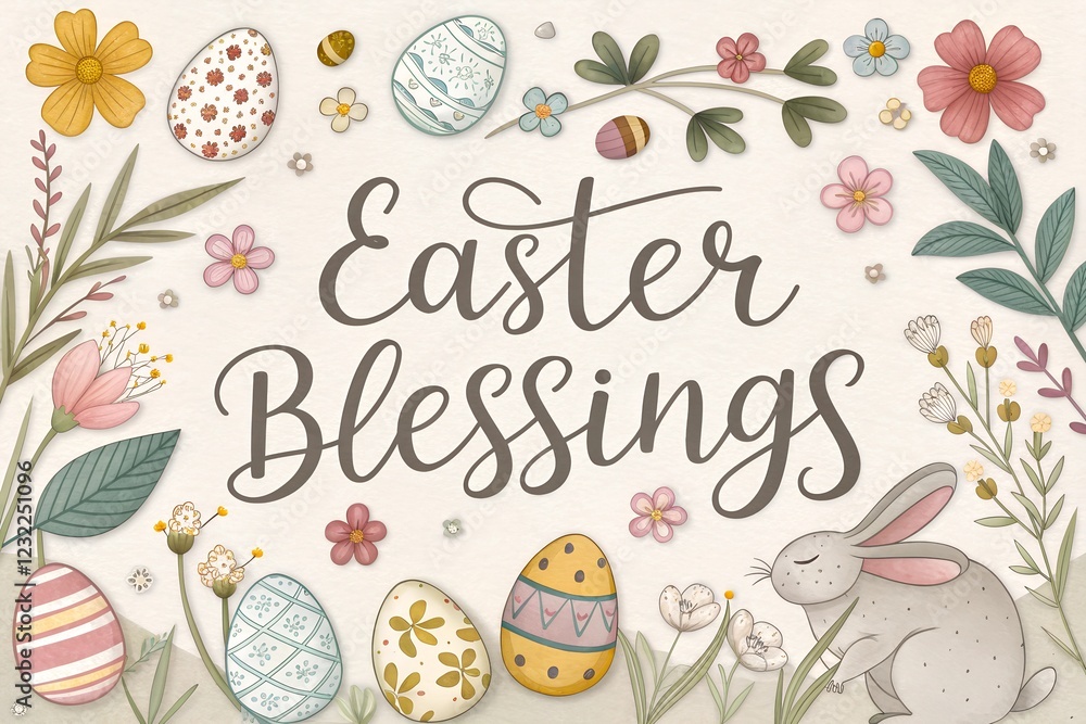 Hand-drawn Easter blessings text with decorated eggs, floral elements, and a rabbit on a textured background. Spring holiday greeting card illustration Hand-drawn Easter blessings text with decorated eggs, floral elements, and a rabbit on a textured background. Spring holiday greeting card illustration