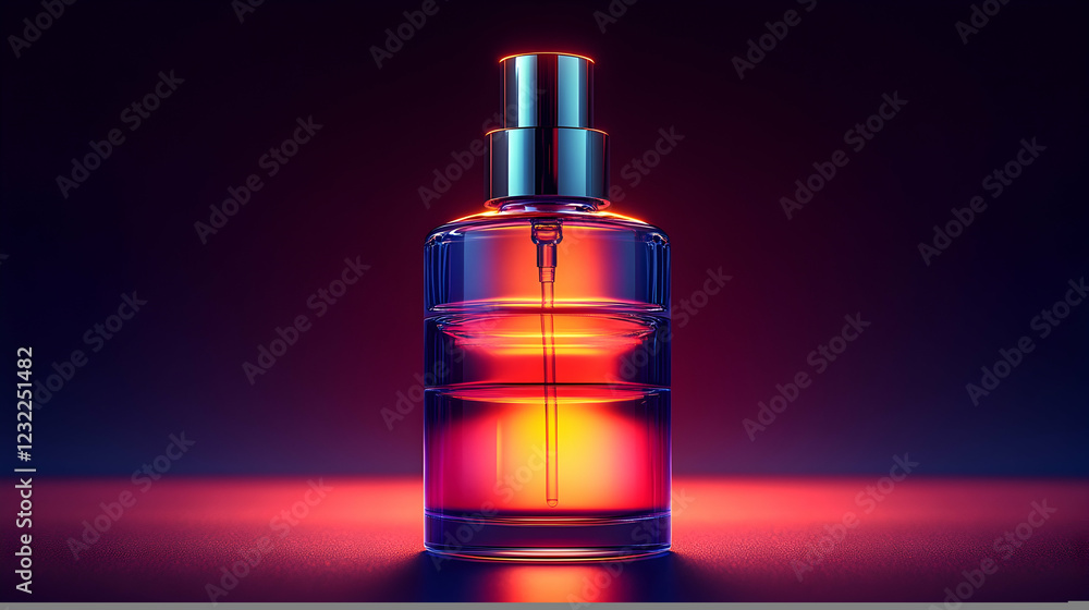 3D Illustration - Illuminated Perfume Bottle in Vibrant Neon Light 3D Illustration - Illuminated Perfume Bottle in Vibrant Neon Light