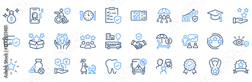 Employee benefit web line icons. Included icons as teamwork, insurance, paid Vacation, pension, social Security. Vector illustration. editable stroke