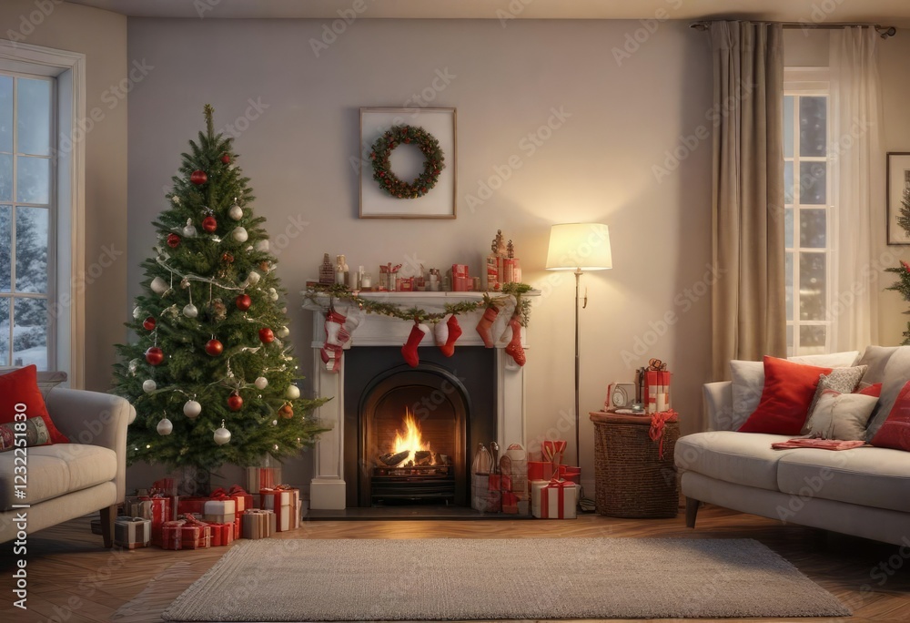 Cozy living room with Christmas tree and stockings hung on wall, stocking, christmas tree, snug abode Cozy living room with Christmas tree and stockings hung on wall, stocking, christmas tree, snug abode