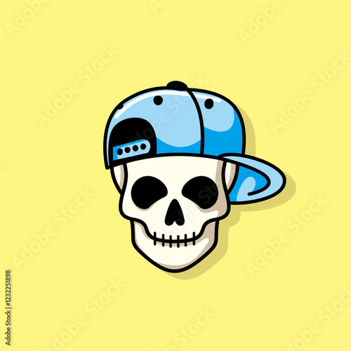 Cartoon skull character in blue snapback hat. Cool skull with expression happy. Sticker collection can be use as logo, symbol, icon.