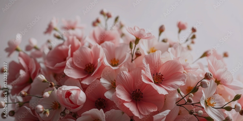 Obraz premium A bouquet of pink flowers with white stems. The flowers are arranged in a way that they are all facing the same direction. The bouquet is placed on a white background