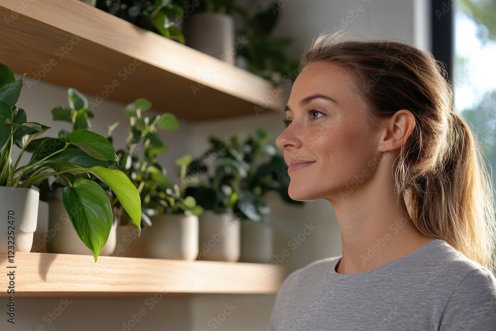 This image captures a woman gazing at a collection of indoor plants, illustrating her connection with nature and the calming ambiance of her surroundings. This image captures a woman gazing at a collection of indoor plants, illustrating her connection with nature and the calming ambiance of her surroundings.