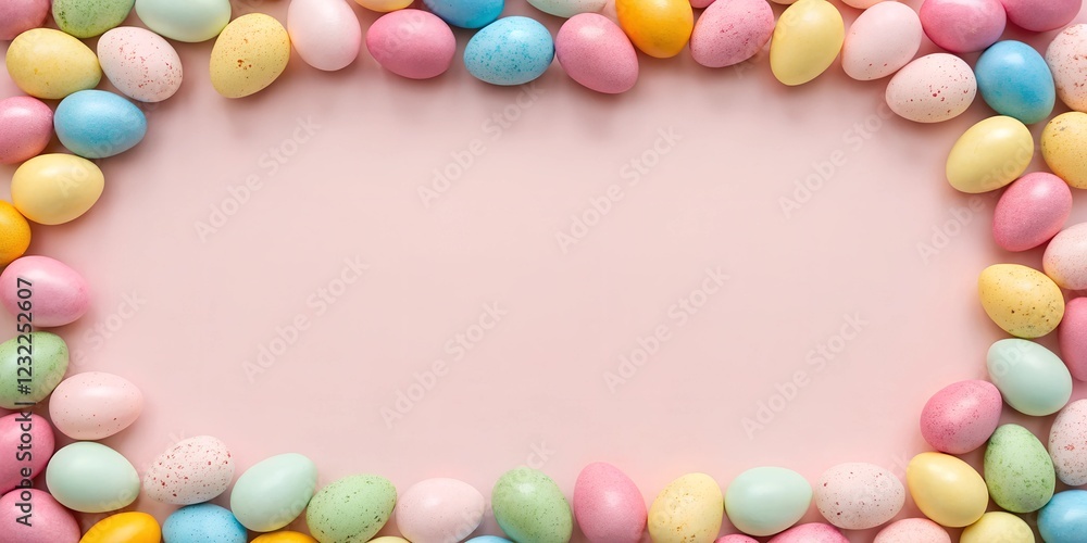 Flat lay composition of pastel-colored Easter eggs forming a frame on a pink background. Holiday mockup with copy space Flat lay composition of pastel-colored Easter eggs forming a frame on a pink background. Holiday mockup with copy space