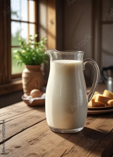 Creamy milk in a glass jug with a rustic wooden table and a hint of sunlight , glass, unadulterated