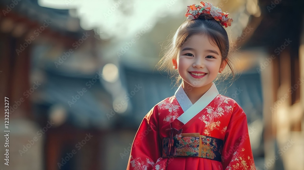 Smiling young girl wearing a traditional Korean hanbok in a historical village setting with soft sunlight Smiling young girl wearing a traditional Korean hanbok in a historical village setting with soft sunlight