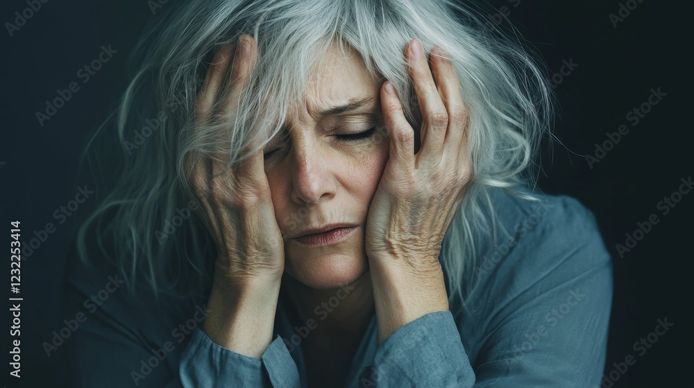 Older woman with hands on face, looks distressed. Older woman with hands on face, looks distressed.