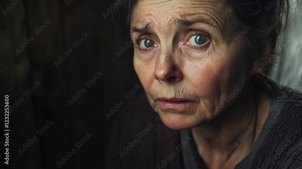 A woman with worried expression stares intently at viewer. A woman with worried expression stares intently at viewer.