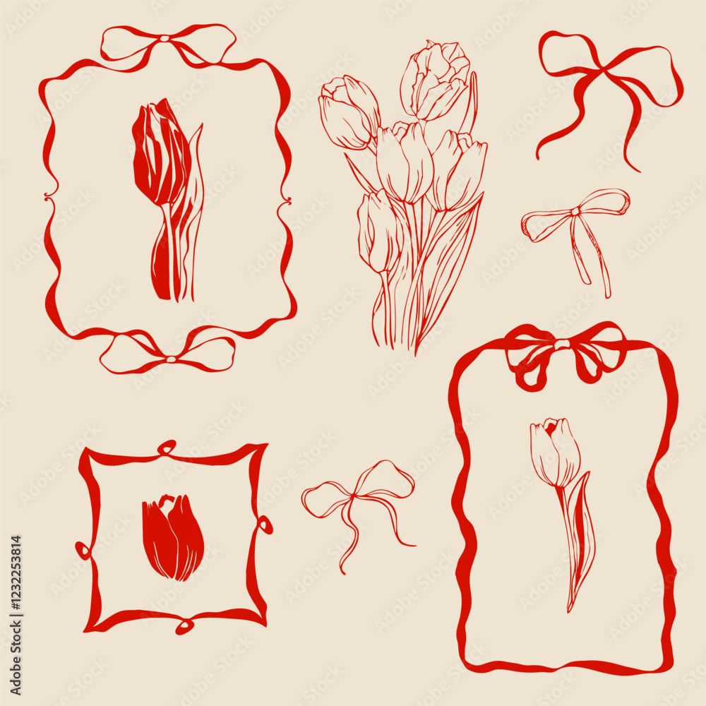 set of bows and tulips. isolated vector elements set of bows and tulips. isolated vector elements