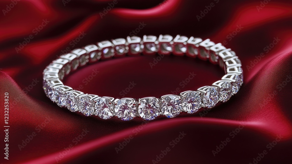 Fototapeta premium A luxurious diamond tennis bracelet placed on a silky dark red fabric.