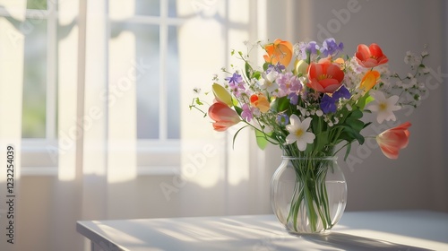 Wallpaper Mural Bright spring bouquet of fresh flowers in a glass vase on a table near a sunlit window in a cozy room Torontodigital.ca
