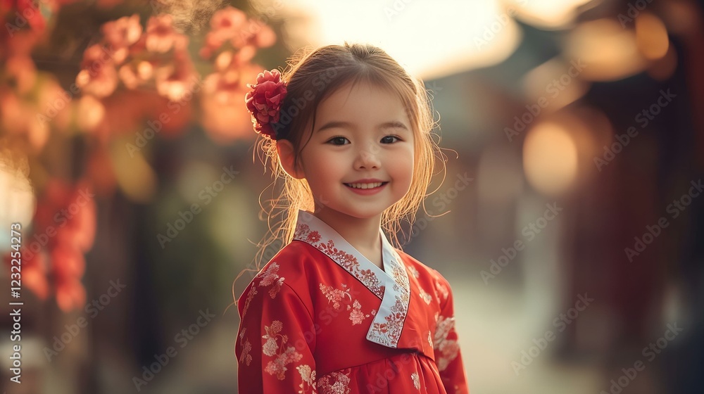 Beautiful young girl in traditional red dress smiling outdoors with warm sunlight and soft background Beautiful young girl in traditional red dress smiling outdoors with warm sunlight and soft background