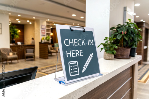 A modern check-in sign at a welcoming reception area, indicating where guests should register upon arrival. photo