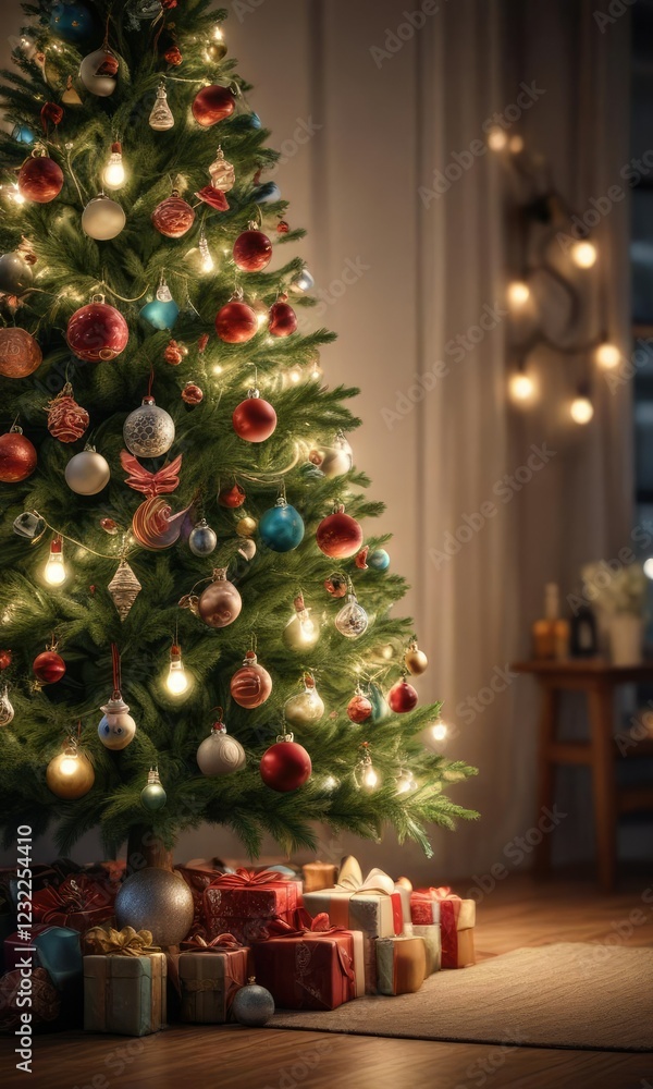 Decorated tree with a variety of ornaments and lights, garlands, decorative items Decorated tree with a variety of ornaments and lights, garlands, decorative items
