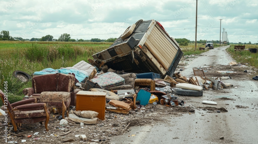 Fototapeta premium Overturned truck spilled debris onto a rural road.